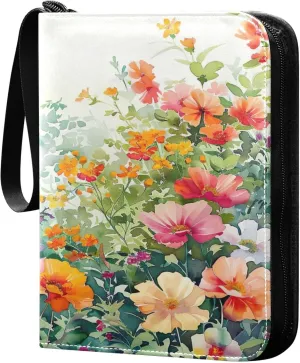 xigua Colorful Herbal Wildflower Card Binder 4-Pockets, Trading Card Binder 400 Pockets Baseball Card Binder Waterproof PU Leather Card Collection Binder for Games Card Album Card