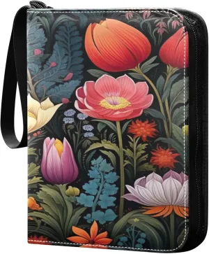 xigua Colorful Herbal Wildflower Card Binder 4-Pockets, Trading Card Binder 400 Pockets Baseball Card Binder Waterproof PU Leather Card Collection Binder for Games Card Album Card