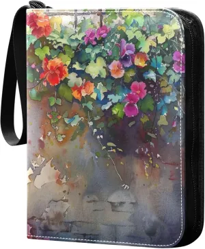 xigua Colorful Herbal Wildflower Card Binder 4-Pockets, Trading Card Binder 400 Pockets Baseball Card Binder Waterproof PU Leather Card Collection Binder for Games Card Album Card
