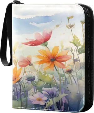 xigua Colorful Herbal Wildflower Card Binder 4-Pockets, Trading Card Binder 400 Pockets Baseball Card Binder Waterproof PU Leather Card Collection Binder for Games Card Album Card