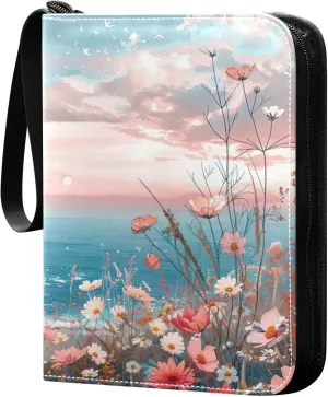 xigua Colorful Herbal Wildflower Card Binder 4-Pockets, Trading Card Binder 400 Pockets Baseball Card Binder Waterproof PU Leather Card Collection Binder for Games Card Album Card