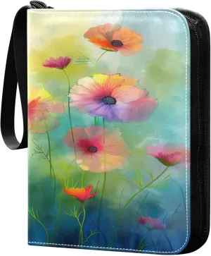 xigua Colorful Herbal Wildflower Card Binder 4-Pockets, Trading Card Binder 400 Pockets Baseball Card Binder Waterproof PU Leather Card Collection Binder for Games Card Album Card