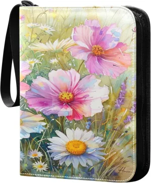 xigua Colorful Herbal Wildflower Card Binder 4-Pockets, Trading Card Binder 400 Pockets Baseball Card Binder Waterproof PU Leather Card Collection Binder for Games Card Album Card