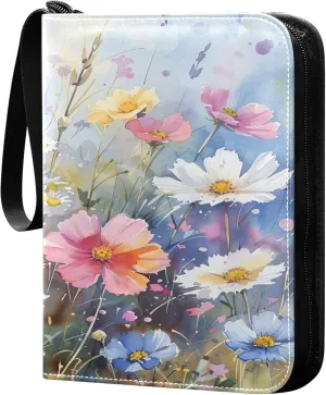 xigua Colorful Herbal Wildflower Card Binder 4-Pockets, Trading Card Binder 400 Pockets Baseball Card Binder Waterproof PU Leather Card Collection Binder for Games Card Album Card