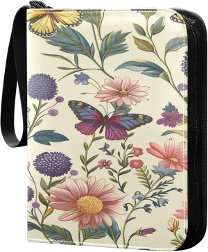 xigua Colorful Herbal Wildflower Card Binder 4-Pockets, Trading Card Binder 400 Pockets Baseball Card Binder Waterproof PU Leather Card Collection Binder for Games Card Album Card