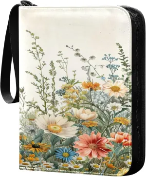 xigua Colorful Herbal Wildflower Card Binder 4-Pockets, Trading Card Binder 400 Pockets Baseball Card Binder Waterproof PU Leather Card Collection Binder for Games Card Album Card
