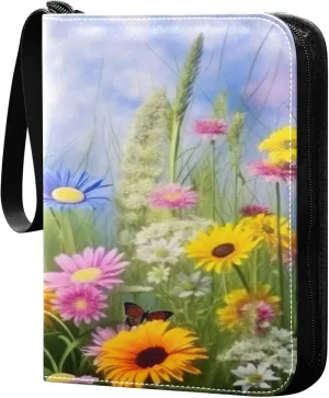 xigua Colorful Herbal Wildflower Card Binder 4-Pockets, Trading Card Binder 400 Pockets Baseball Card Binder Waterproof PU Leather Card Collection Binder for Games Card Album Card