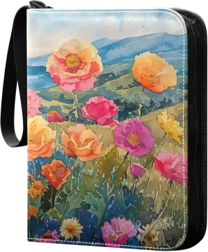 xigua Colorful Herbal Wildflower Card Binder 4-Pockets, Trading Card Binder 400 Pockets Baseball Card Binder Waterproof PU Leather Card Collection Binder for Games Card Album Card