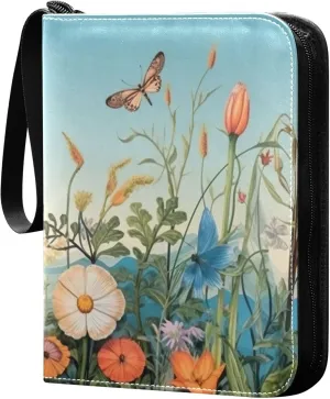 xigua Colorful Herbal Wildflower Card Binder 4-Pockets, Trading Card Binder 400 Pockets Baseball Card Binder Waterproof PU Leather Card Collection Binder for Games Card Album Card