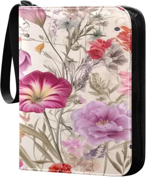 xigua Colorful Herbal Wildflower Card Binder 4-Pockets, Trading Card Binder 400 Pockets Baseball Card Binder Waterproof PU Leather Card Collection Binder for Games Card Album Card