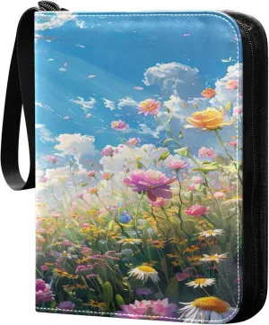 xigua Colorful Herbal Wildflower Card Binder 4-Pockets, Trading Card Binder 400 Pockets Baseball Card Binder Waterproof PU Leather Card Collection Binder for Games Card Album Card