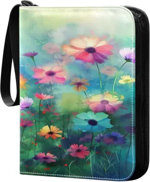 xigua Colorful Herbal Wildflower Card Binder 4-Pockets, Trading Card Binder 400 Pockets Baseball Card Binder Waterproof PU Leather Card Collection Binder for Games Card Album Card