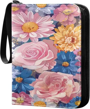xigua Colorful Herbal Wildflower Card Binder 4-Pockets, Trading Card Binder 400 Pockets Baseball Card Binder Waterproof PU Leather Card Collection Binder for Games Card Album Card