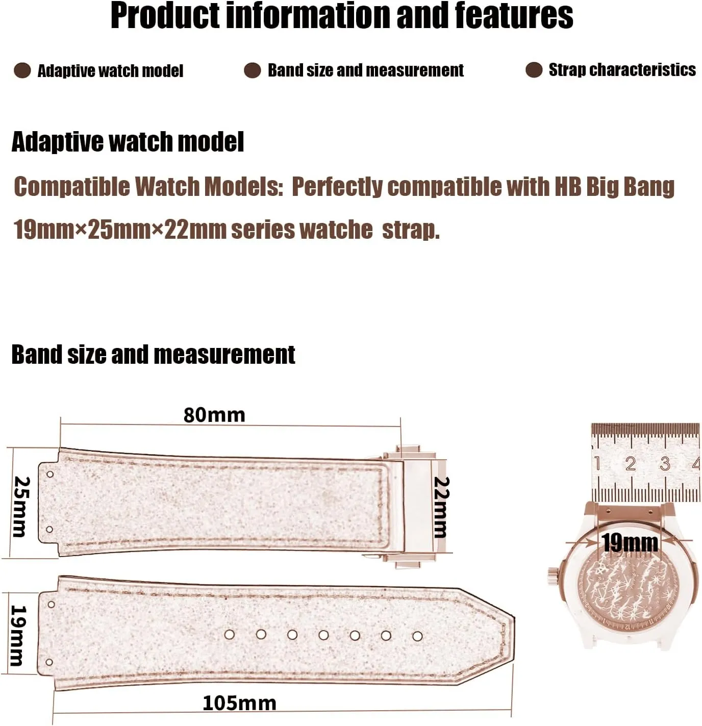 XIW Compatible for 19mm× 25mm× 22mm Hublot Big Bang Leather Frosted Watch Band With Stainless Steel Buckle Replacement for men Silicone Wirstband Strap women Bracelet