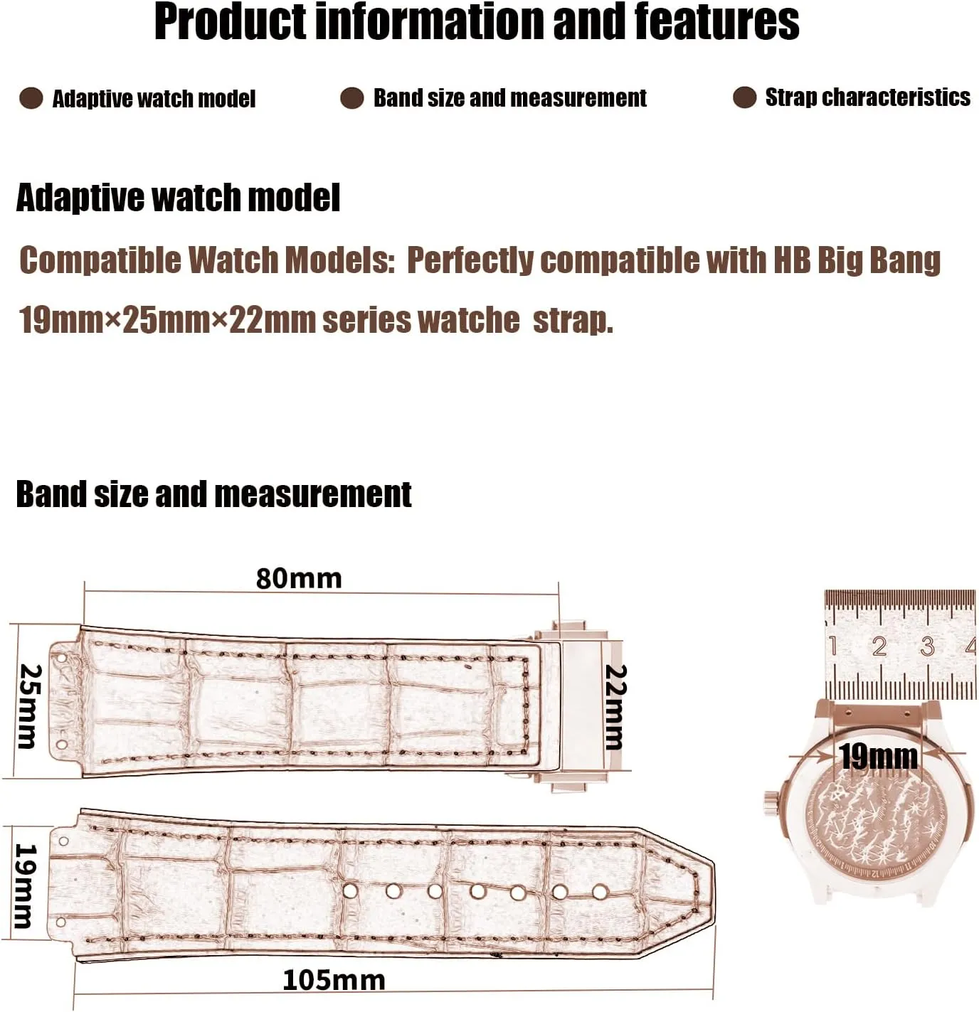 XIW Compatible for 19mm× 25mm× 22mm Hublot Big Bang Leather Watch Band With Stainless Steel Buckle Replacement for men Wirstband Strap women Bracelet