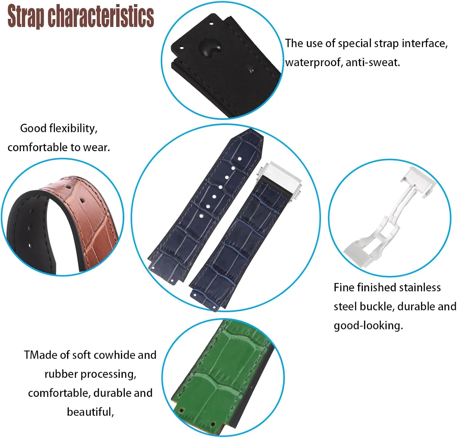 XIW Compatible for 19mm× 25mm× 22mm Hublot Big Bang Leather Watch Band With Stainless Steel Buckle Replacement for men Wirstband Strap women Bracelet