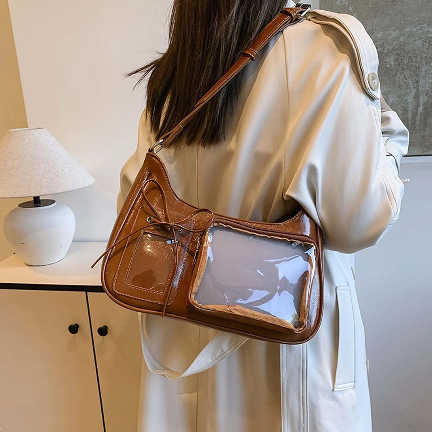 Y2k Fashion Shoulder Bag Kawaii Lolita Ita Bag Badge Display Bag with Two Transparent Display Windows