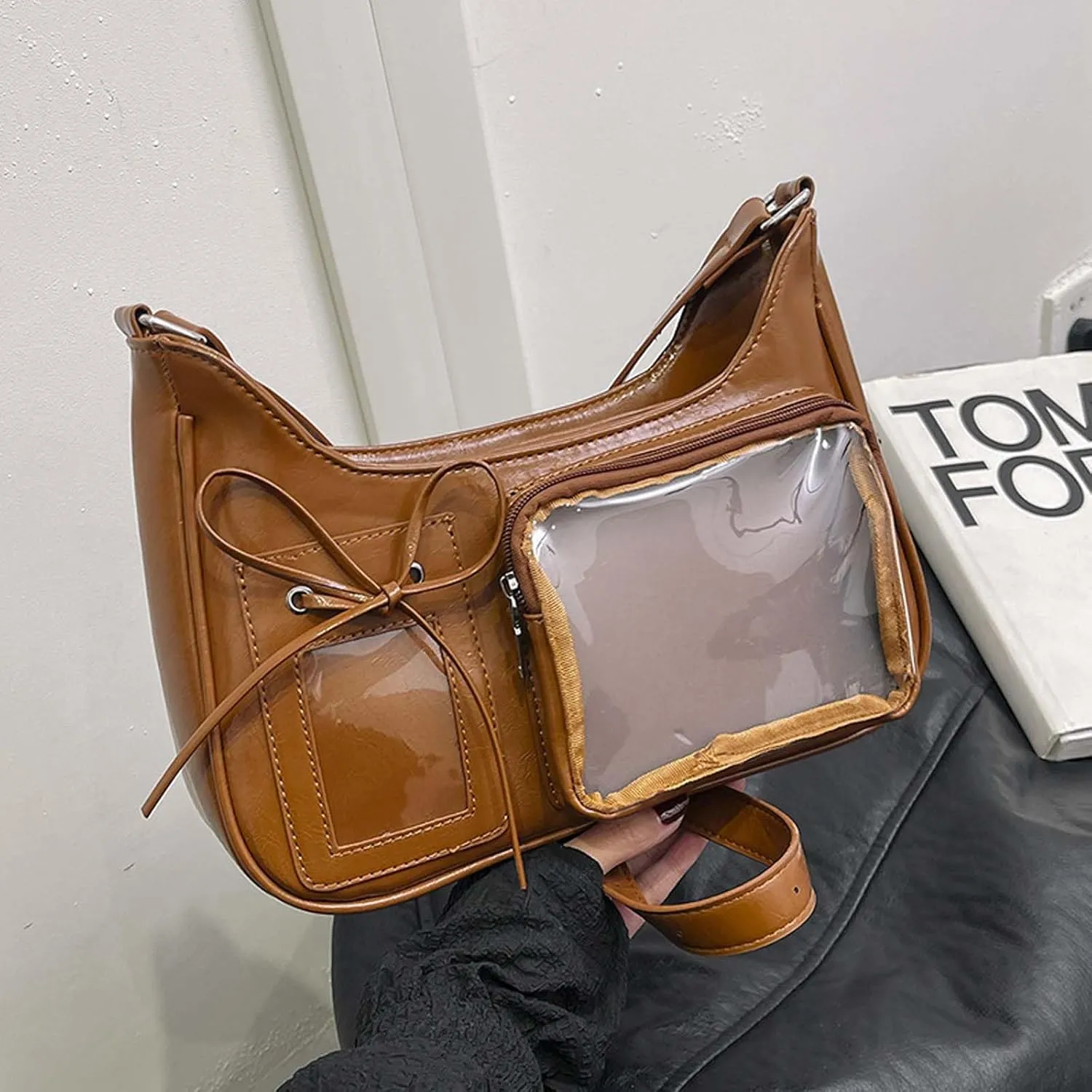Y2k Fashion Shoulder Bag Kawaii Lolita Ita Bag Badge Display Bag with Two Transparent Display Windows
