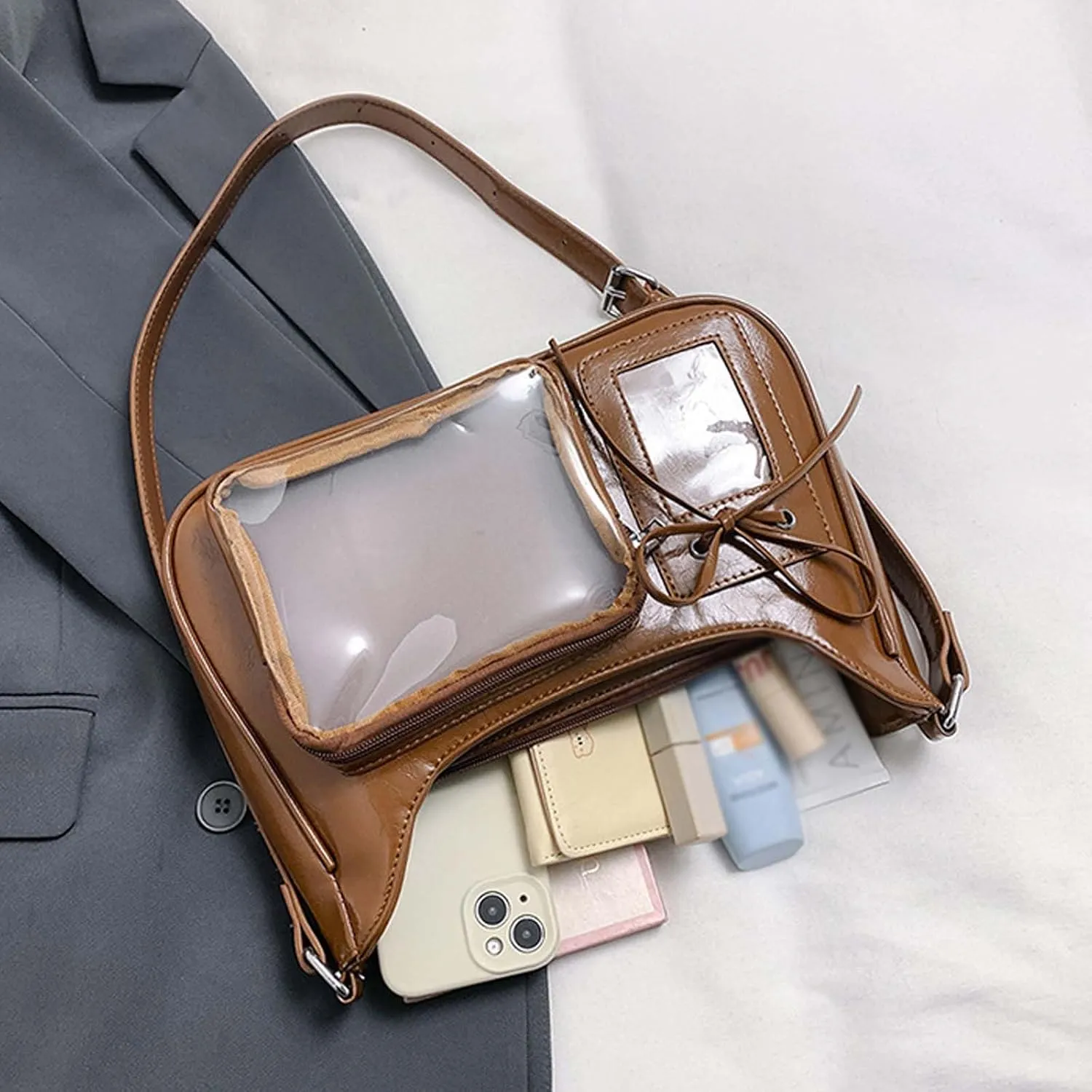 Y2k Fashion Shoulder Bag Kawaii Lolita Ita Bag Badge Display Bag with Two Transparent Display Windows