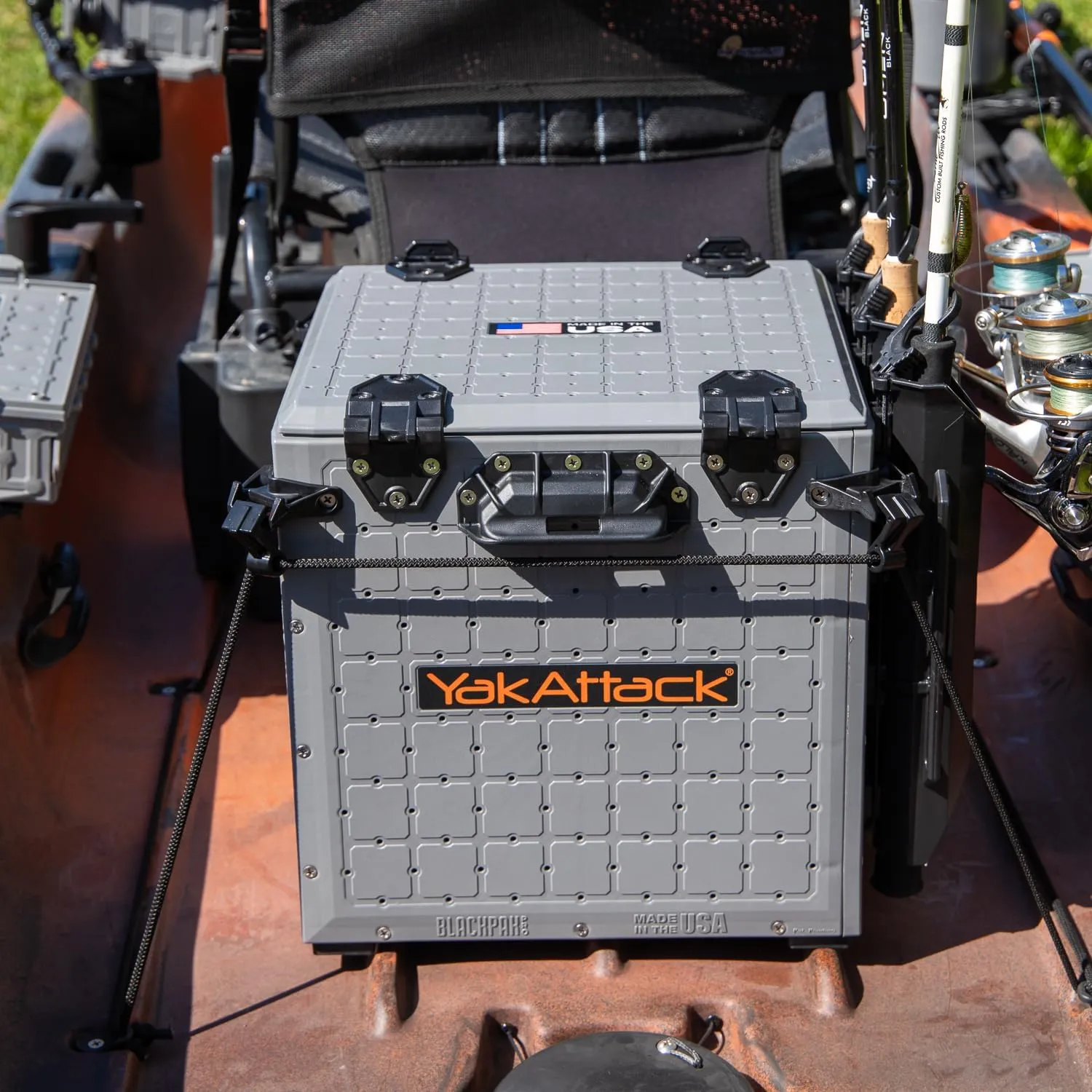 YakAttack BlackPak Pro 13" x 13" Fishing Crate with 3 Rod Holders - Battleship Grey | Compact Tackle Storage Box & Gear Organizer for Kayaks | Lightweight, Durable & Customizable Marine Accessory