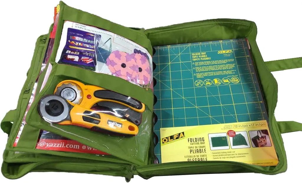 Yazzii Quilter’s Project Bag with 19 Pockets - Portable Storage Craft Bag Organizer - Multipurpose Storage Organizer for Quilting, Patchwork, Embroidery, Needlework Green