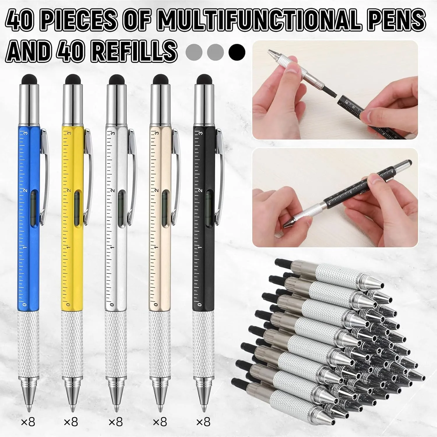 Yeaqee 40 Pcs Multi Tool Pen Gifts for Fathers Day 6 in 1 Screwdriver Multi Function Pens with Black Ink Refills, Ruler, Level Gauge for Dad Adult Men Father's Day Christmas Gifts (Classic Color)