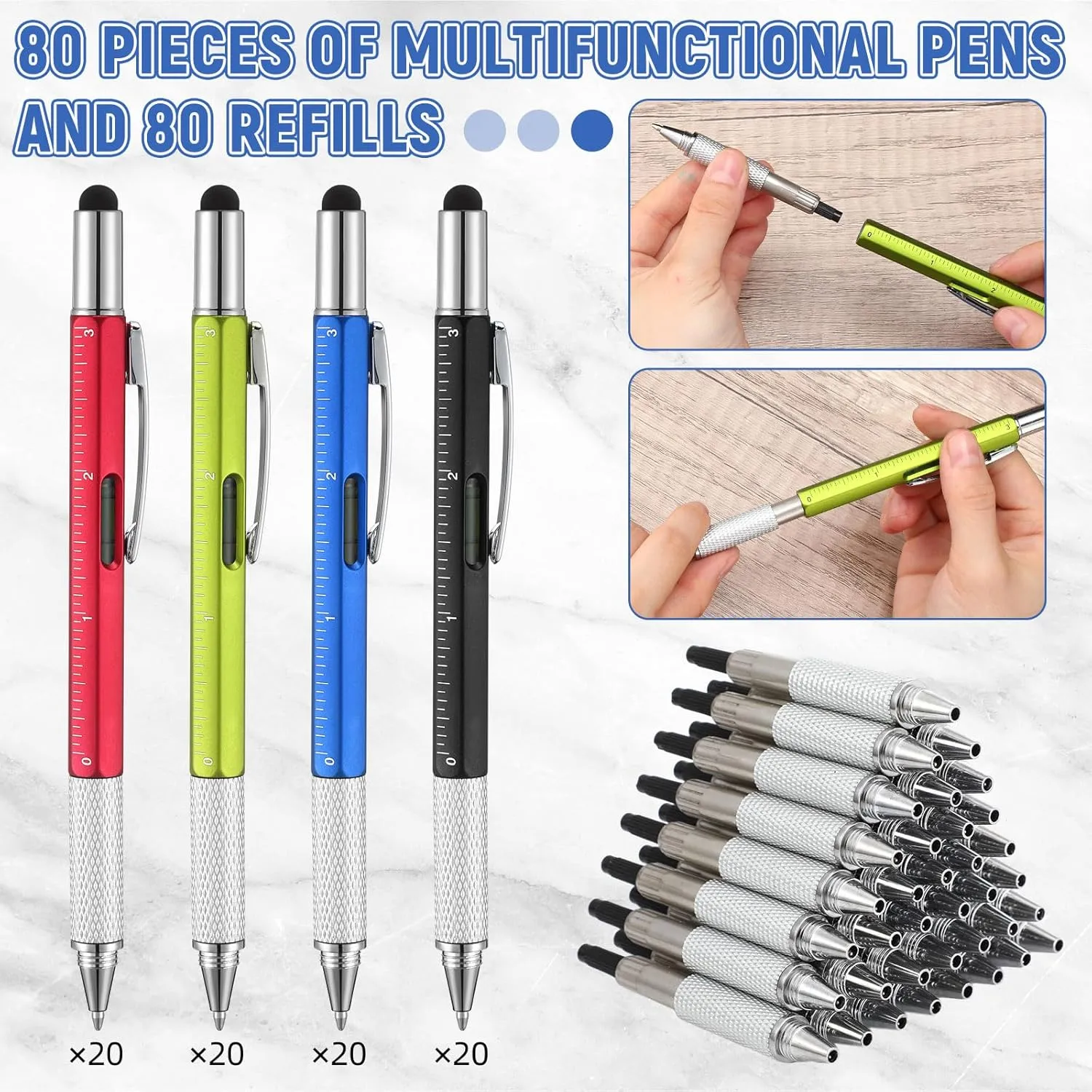 Yeaqee 80 Pcs Multi Tool Pen Gifts for Fathers Day 6 in 1 Screwdriver Multi Function Pens with Black Ink Refills, Ruler, Level Gauge for Dad Adult Men Father's Day Christmas Gifts (Vivid Color)