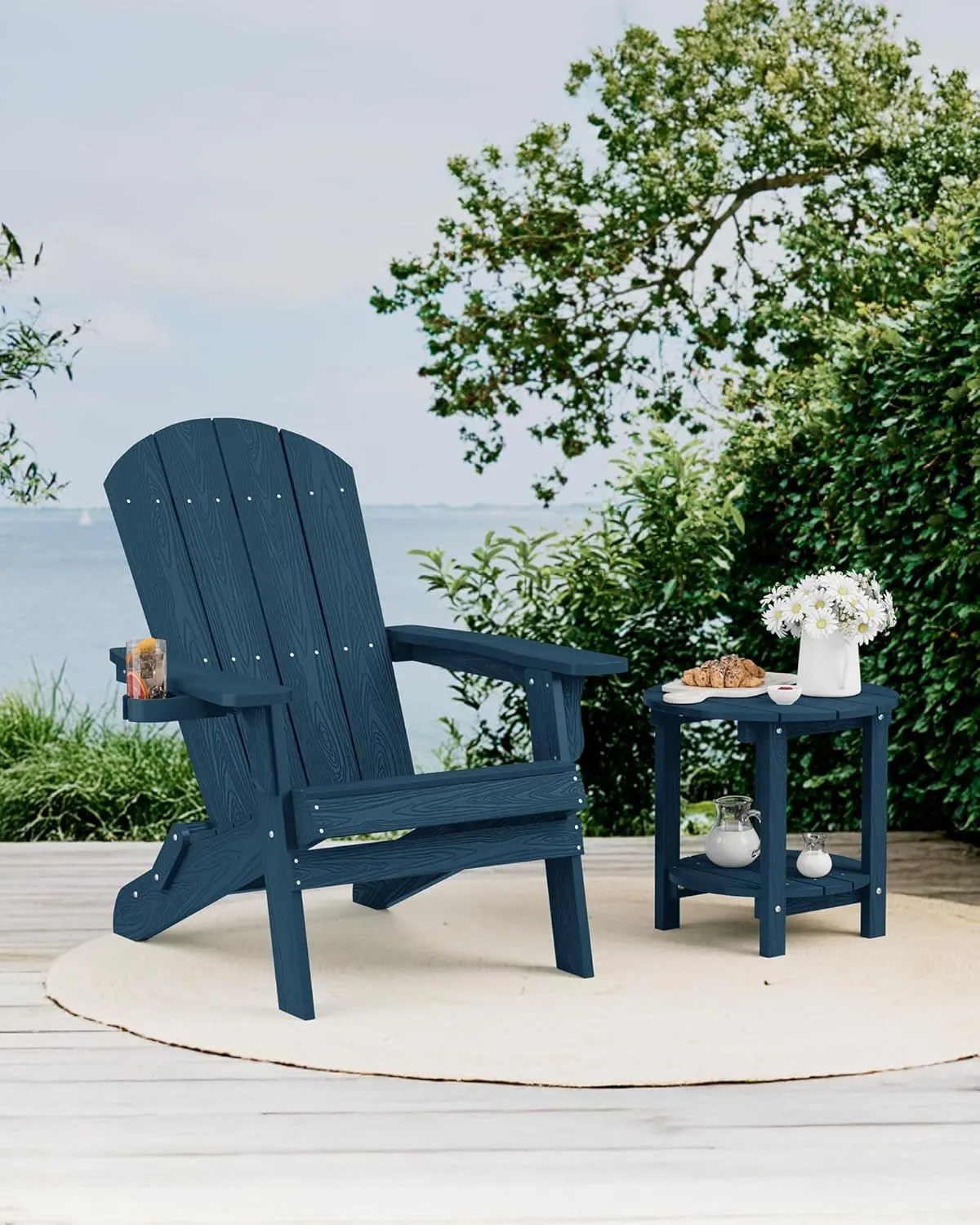 YEFU Adirondack Chair, Oversized Plastic Adirondack Chair Folding Outdoor Chairs with Cup Holder, Lawn Chair with Weather Resistant for Outside Deck Lawn Garden, Weight Capacity Up to 400 Lbs –Navy