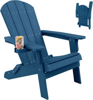 YEFU Adirondack Chair, Oversized Plastic Adirondack Chair Folding Outdoor Chairs with Cup Holder, Lawn Chair with Weather Resistant for Outside Deck Lawn Garden, Weight Capacity Up to 400 Lbs –Navy
