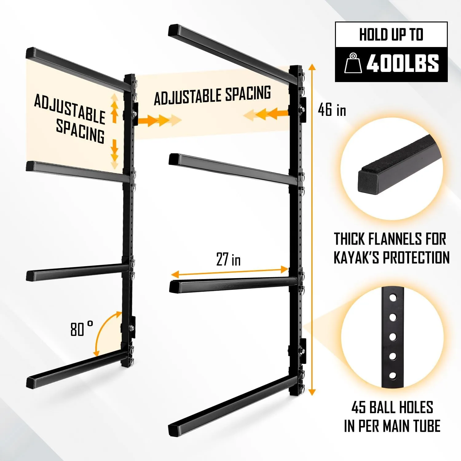 Yes4All Kayak Storage Rack Kayak Wall Mount Rack 400lbs 4 Adjustable Levels Kayak Rack for Outdoor, Indoor Kayak Storage Rack