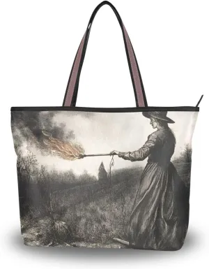 YMXFXP Lightweight Tote Bag Witch Scary Grassland for Women Durable Designer Handbag with Zipper for Daily Use L
