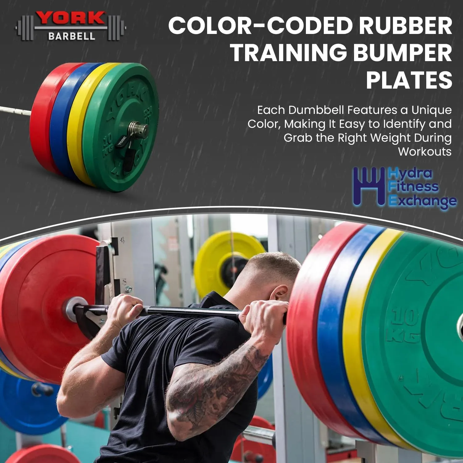 York Barbell Color-Coded Rubber Training Bumper Plates | Olympic Weightlifting Plates in Kg & Lb | Durable Solid Rubber with 2” Center Steel Sleeve | Noise-Reducing, Floor-Protecting Weight Plates