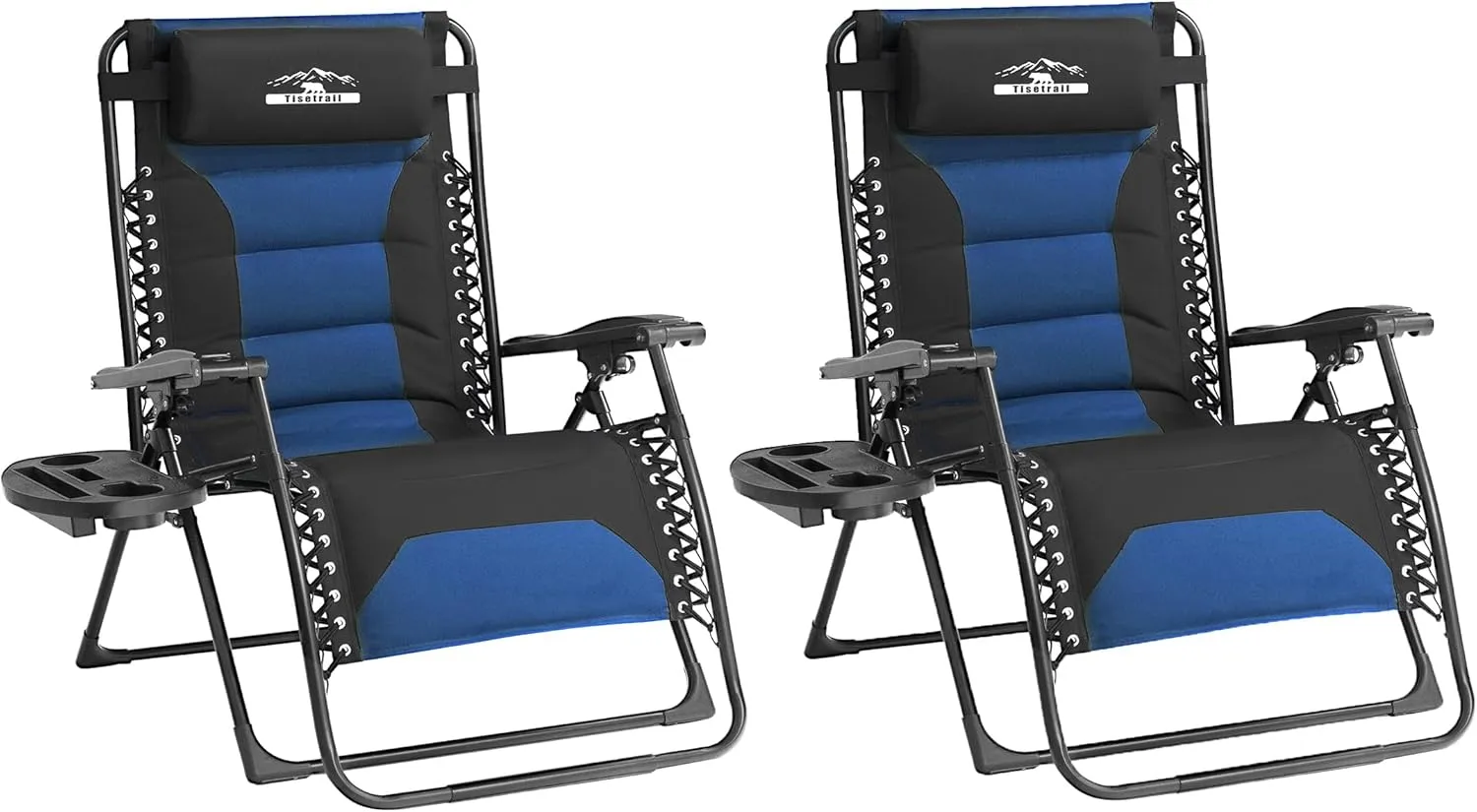 Zero Gravity Lounge Chairs - Set of 2 Oversized Reclining Patio Chairs with Adjustable Pillow & Cup Holder (500lbs Capacity, Black/Blue)