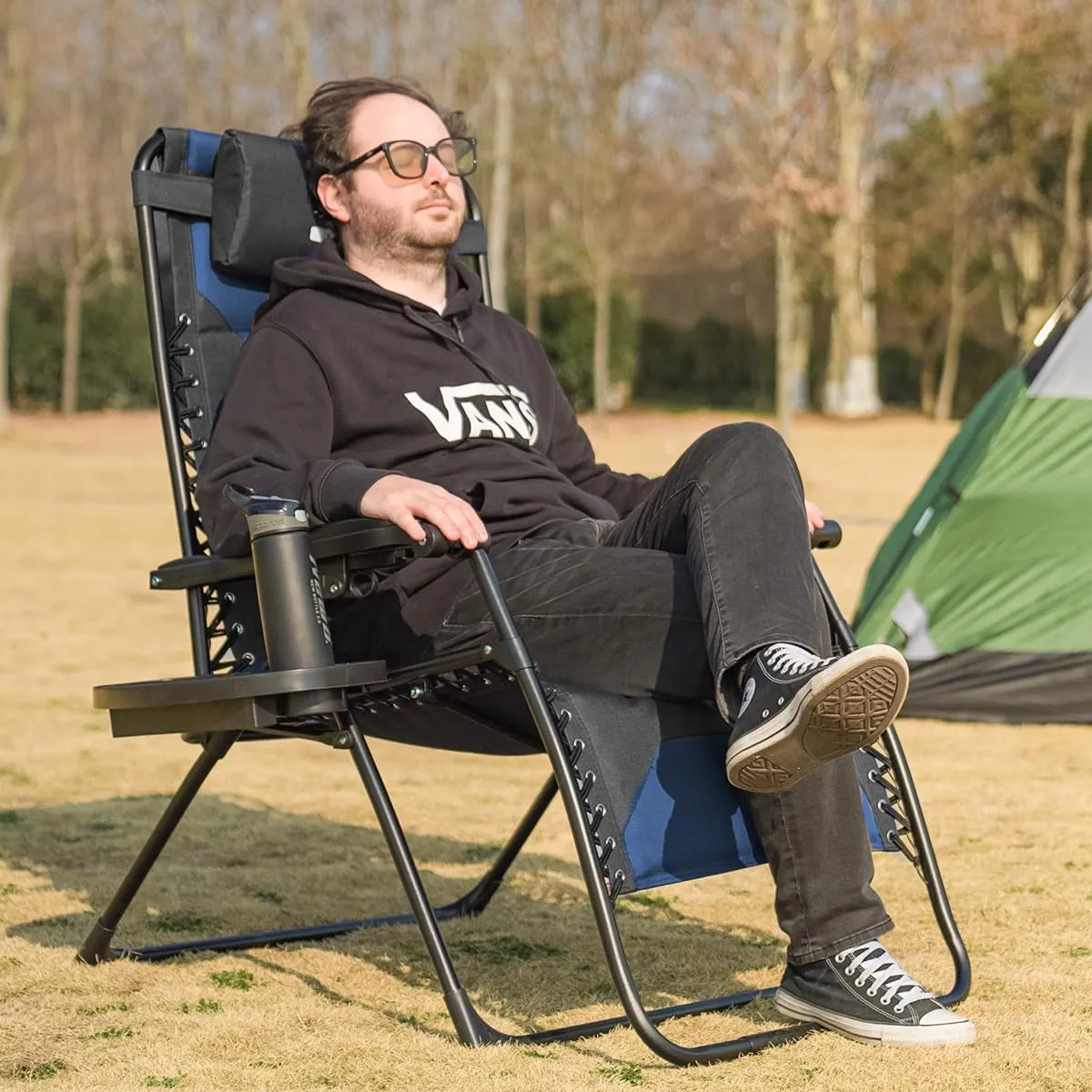 Zero Gravity Lounge Chairs - Set of 2 Oversized Reclining Patio Chairs with Adjustable Pillow & Cup Holder (500lbs Capacity, Black/Blue)