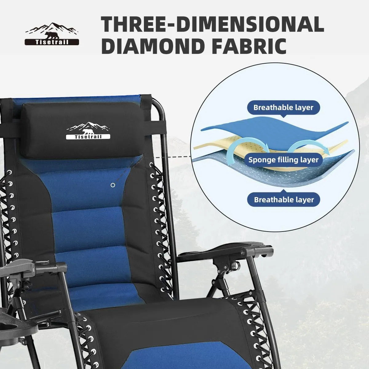 Zero Gravity Lounge Chairs - Set of 2 Oversized Reclining Patio Chairs with Adjustable Pillow & Cup Holder (500lbs Capacity, Black/Blue)