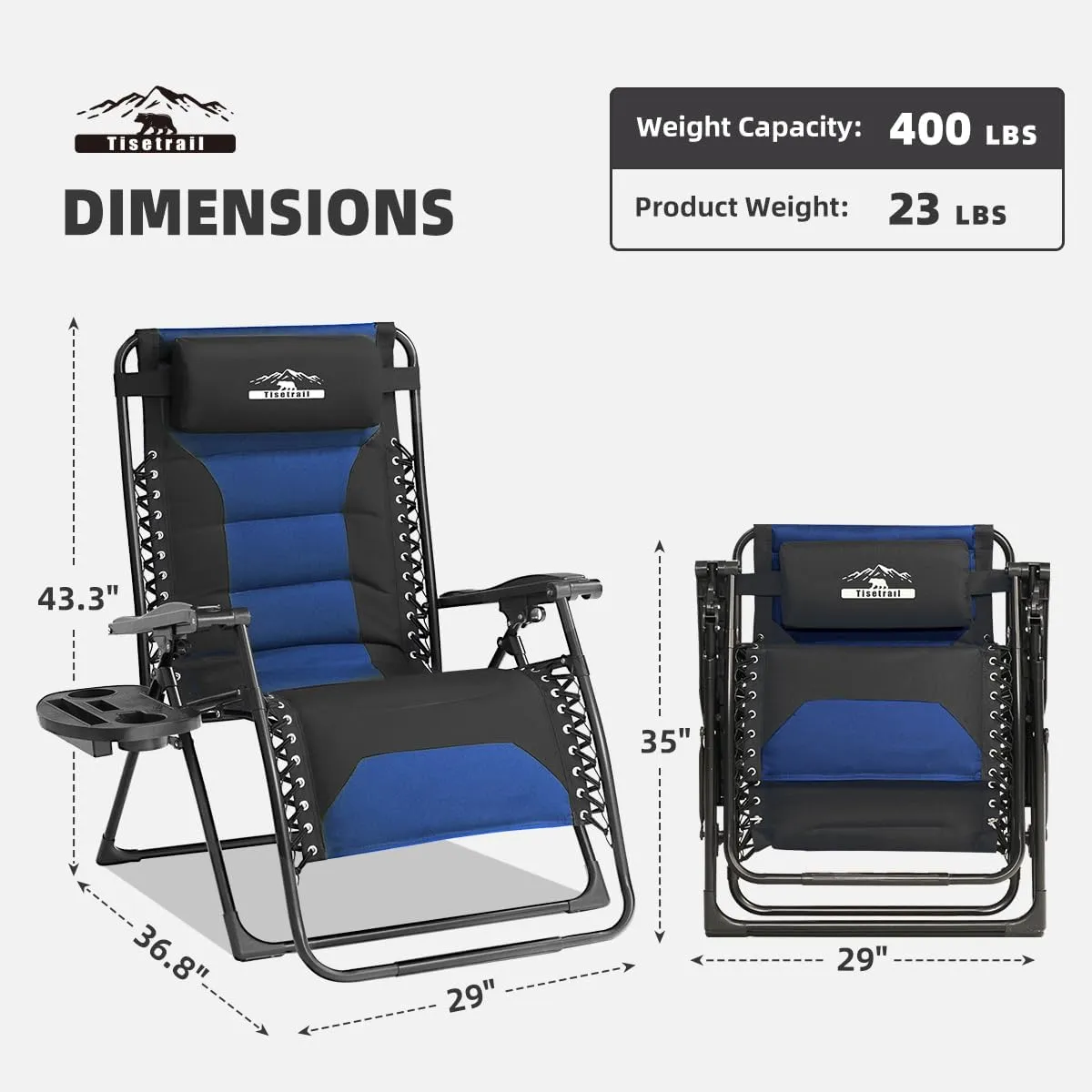 Zero Gravity Lounge Chairs - Set of 2 Oversized Reclining Patio Chairs with Adjustable Pillow & Cup Holder (500lbs Capacity, Black/Blue)