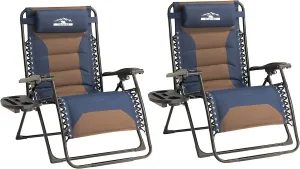 Zero Gravity Lounge Chairs - Set of 2 Oversized Reclining Patio Chairs with Adjustable Pillow & Cup Holder (500lbs Capacity, Blue/Brown)