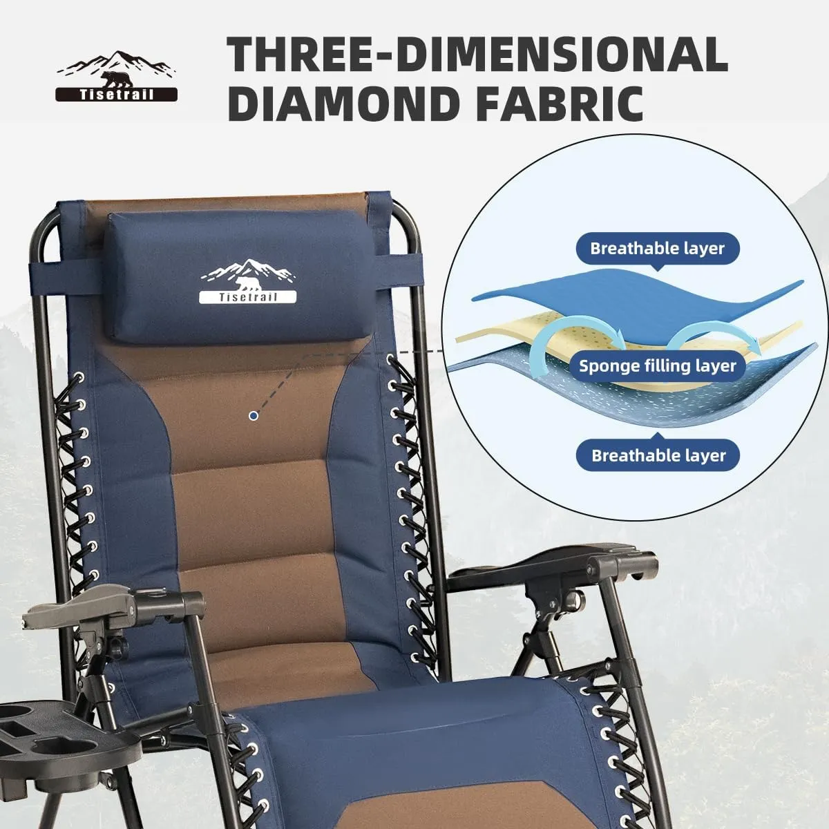 Zero Gravity Lounge Chairs - Set of 2 Oversized Reclining Patio Chairs with Adjustable Pillow & Cup Holder (500lbs Capacity, Blue/Brown)