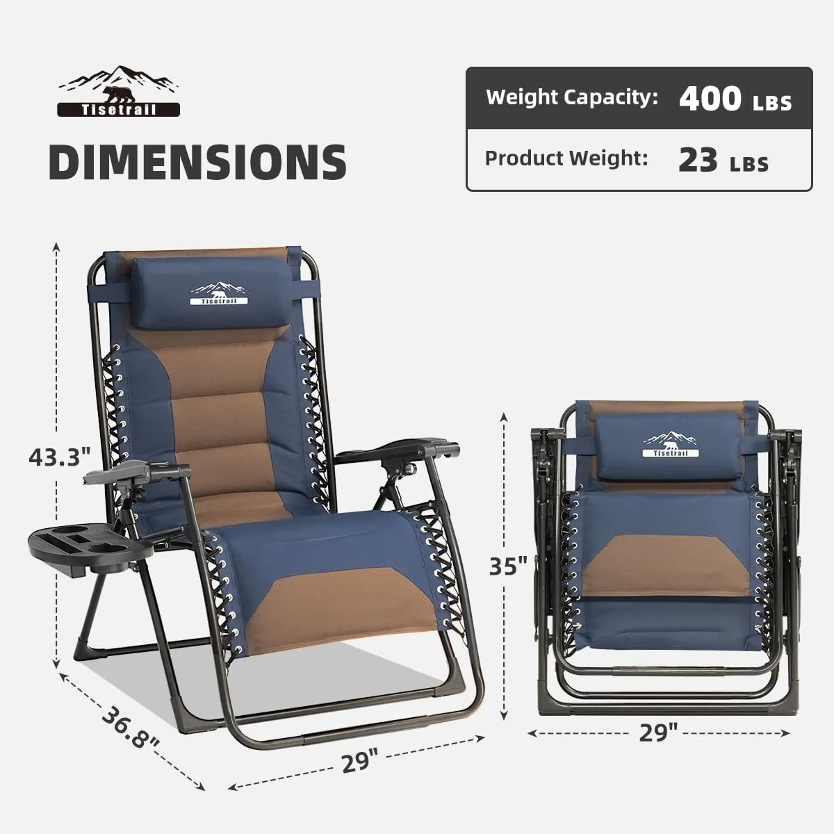 Zero Gravity Lounge Chairs - Set of 2 Oversized Reclining Patio Chairs with Adjustable Pillow & Cup Holder (500lbs Capacity, Blue/Brown)