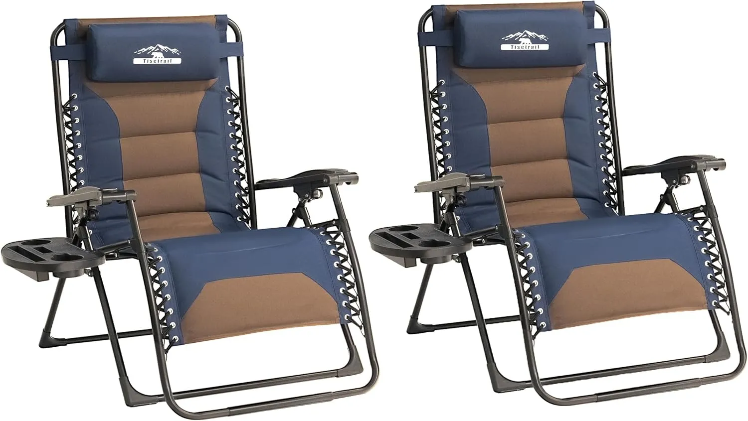 Zero Gravity Lounge Chairs - Set of 2 Oversized Reclining Patio Chairs with Adjustable Pillow & Cup Holder (500lbs Capacity, Blue/Brown)