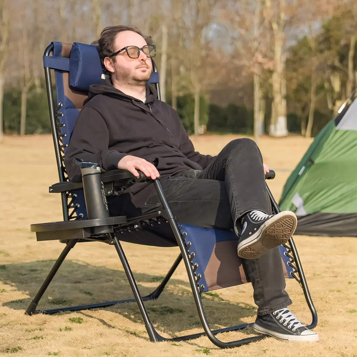 Zero Gravity Lounge Chairs - Set of 2 Oversized Reclining Patio Chairs with Adjustable Pillow & Cup Holder (500lbs Capacity, Blue/Brown)